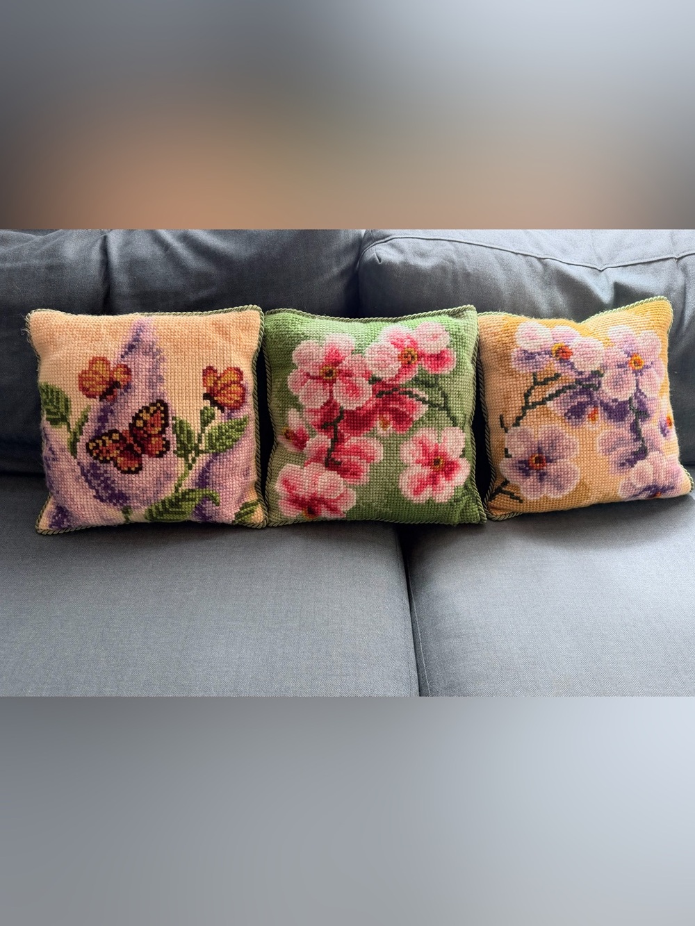 Vintage Handmade Needlepoint Floral Pillows Set of 3 - Orchid & Butterflies